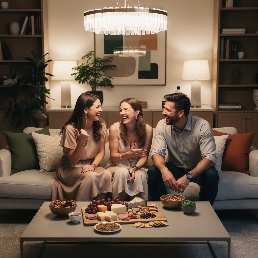 Hubane elutuba, kus on mugav diivan ja soe valgustus.