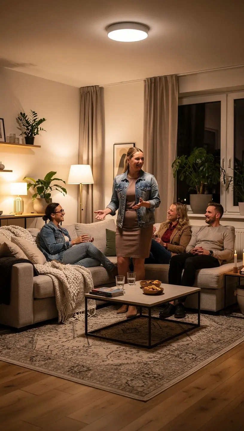 Valguskihid, mis loovad rahuliku õhkkonna avaras elutoas.