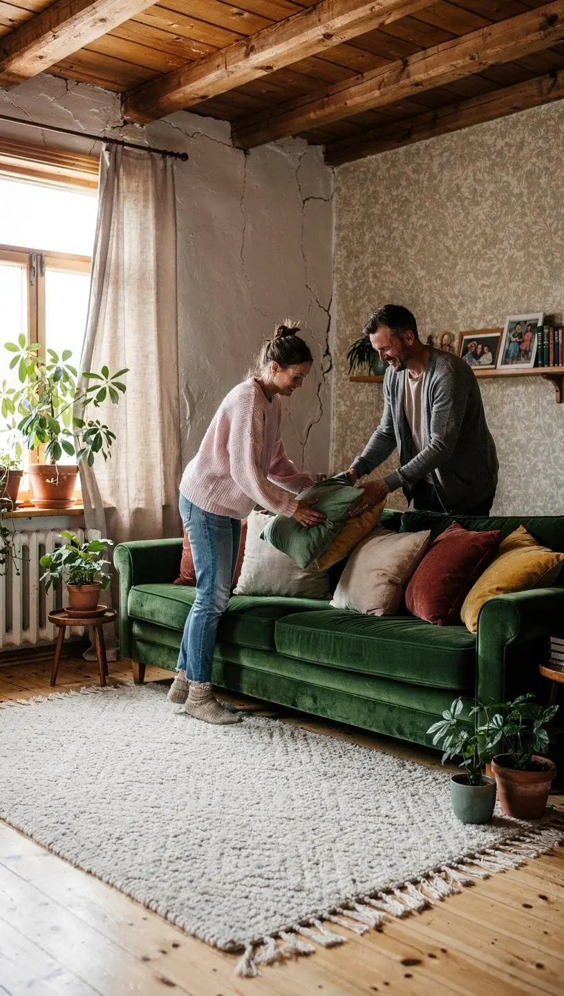 Kaunis elutoa ümberehitus, rõhutades mugavust ja funktsionaalsust.